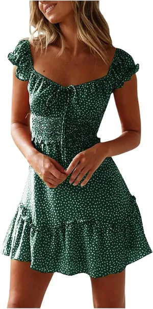 Womens Casual Summer Maxi Dress Short Sleeve V Neck Floral Print Boho Beach Dress Tiered Ruffle Smocked Waist Pockets