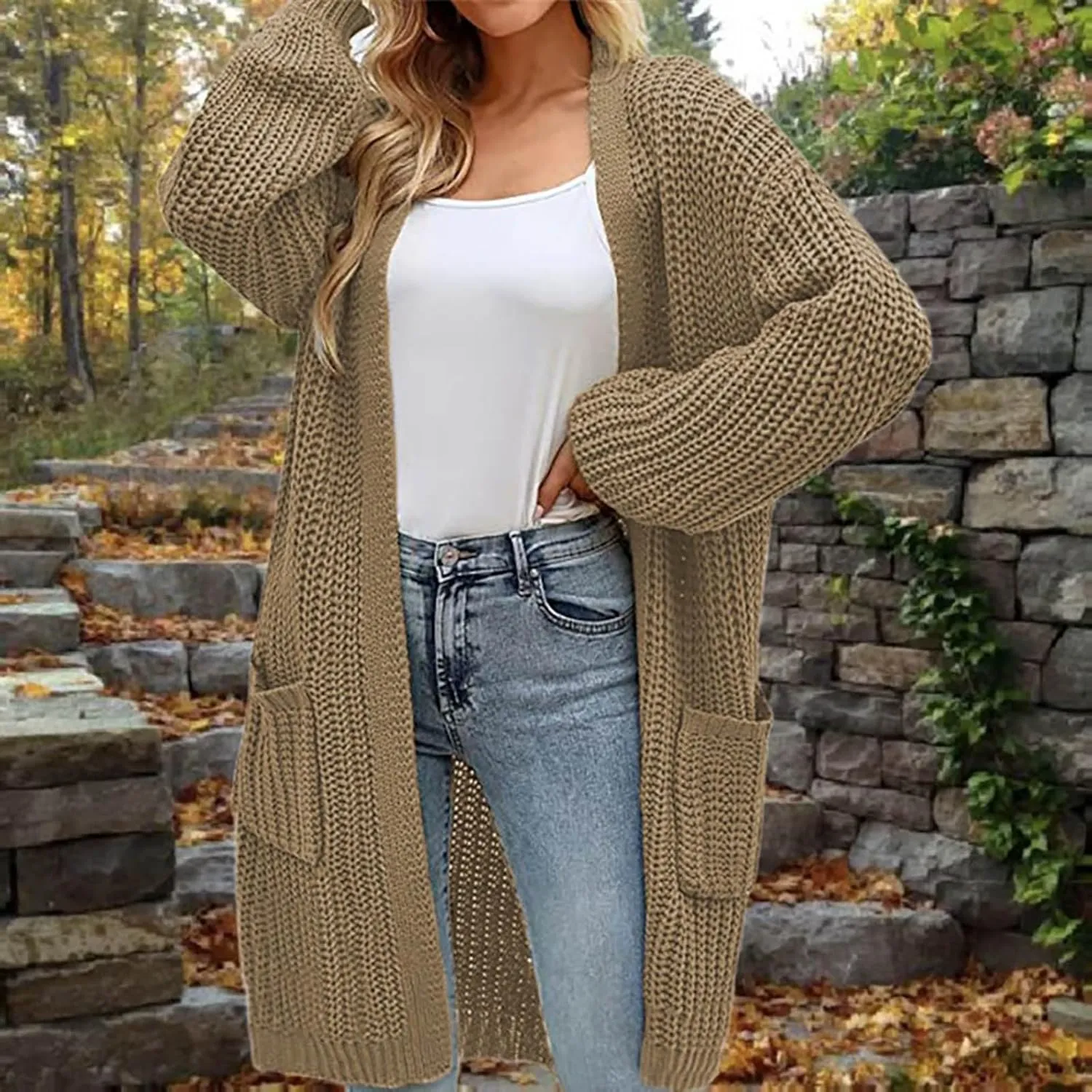 Women's Casual Trendy Solid Cardigan Knit Sweater Jacket With Pockets Plus,S-5XL
