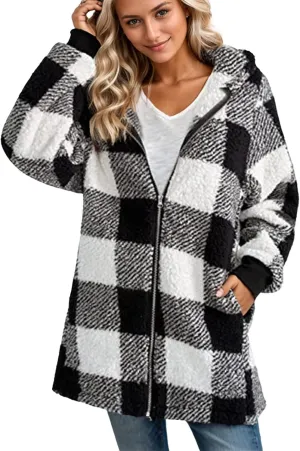 Womens Coat Winter Trendy Fuzzy Fleece Hoodies Zip Up Sherpa Fall Jackets Warm Plaid Cardigans With Pockets Outfits