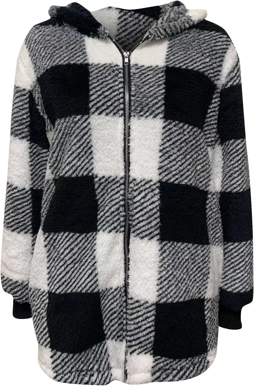 Womens Coat Winter Trendy Fuzzy Fleece Hoodies Zip Up Sherpa Fall Jackets Warm Plaid Cardigans With Pockets Outfits