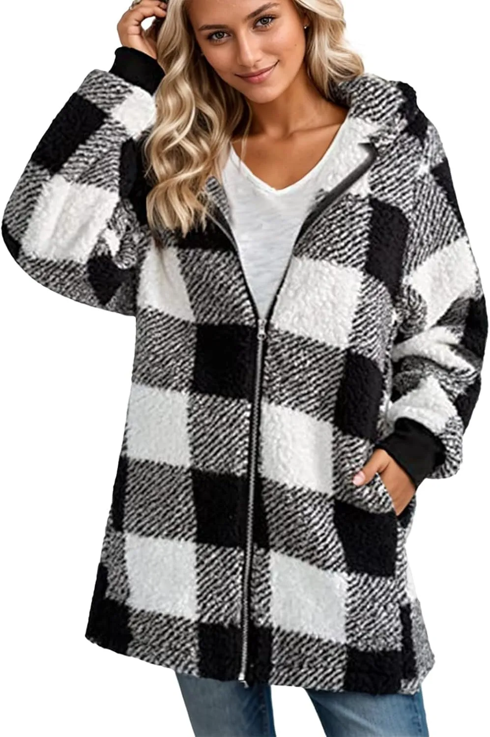 Womens Coat Winter Trendy Fuzzy Fleece Hoodies Zip Up Sherpa Fall Jackets Warm Plaid Cardigans With Pockets Outfits