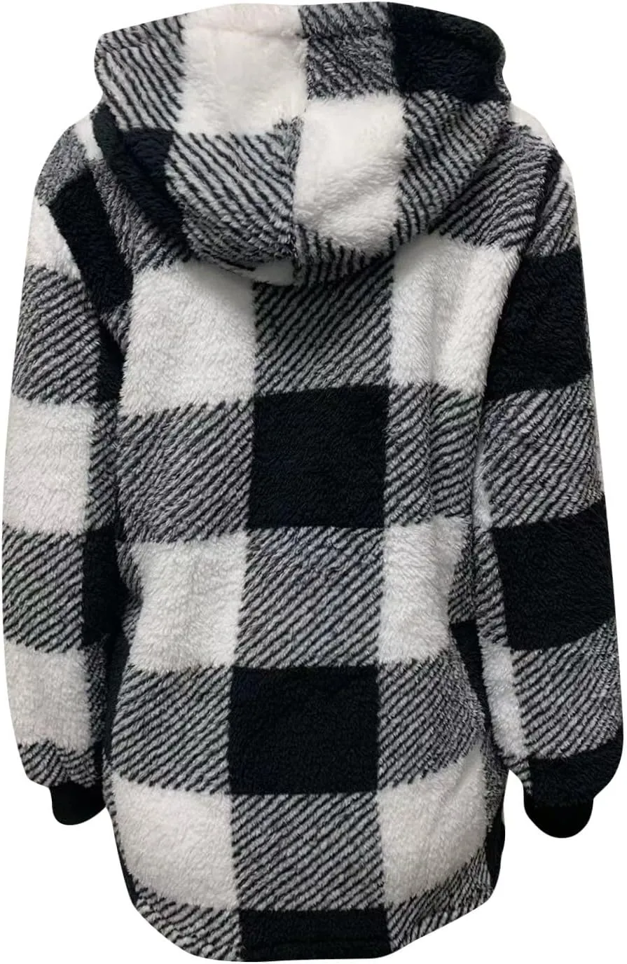 Womens Coat Winter Trendy Fuzzy Fleece Hoodies Zip Up Sherpa Fall Jackets Warm Plaid Cardigans With Pockets Outfits
