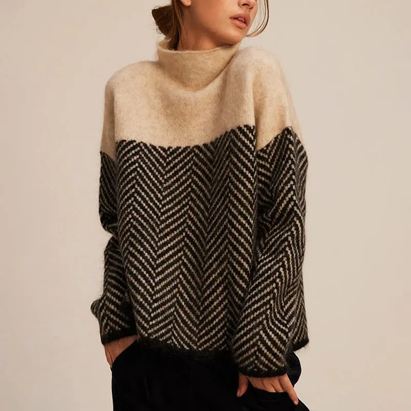 Womens Color Block Knit Sweater Turtleneck Long Sleeve Casual Loose Fall Pattern Pullover Tops