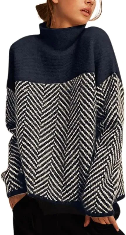 Womens Color Block Knit Sweater Turtleneck Long Sleeve Casual Loose Fall Pattern Pullover Tops