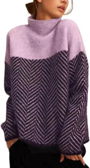 Womens Color Block Knit Sweater Turtleneck Long Sleeve Casual Loose Fall Pattern Pullover Tops