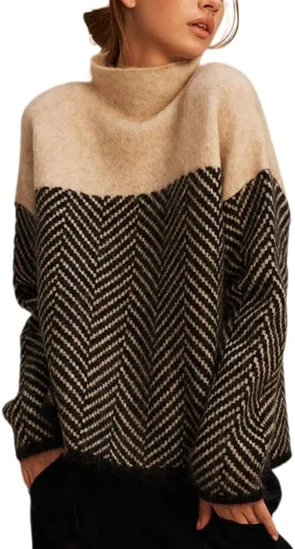 Womens Color Block Knit Sweater Turtleneck Long Sleeve Casual Loose Fall Pattern Pullover Tops