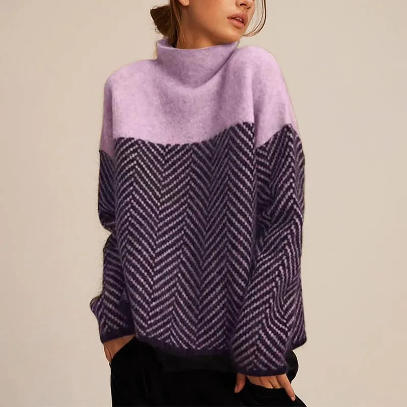 Womens Color Block Knit Sweater Turtleneck Long Sleeve Casual Loose Fall Pattern Pullover Tops