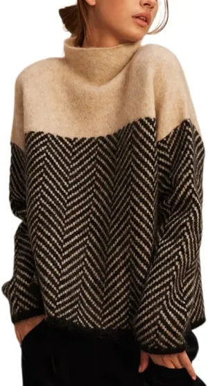 Womens Color Block Knit Sweater Turtleneck Long Sleeve Casual Loose Fall Pattern Pullover Tops