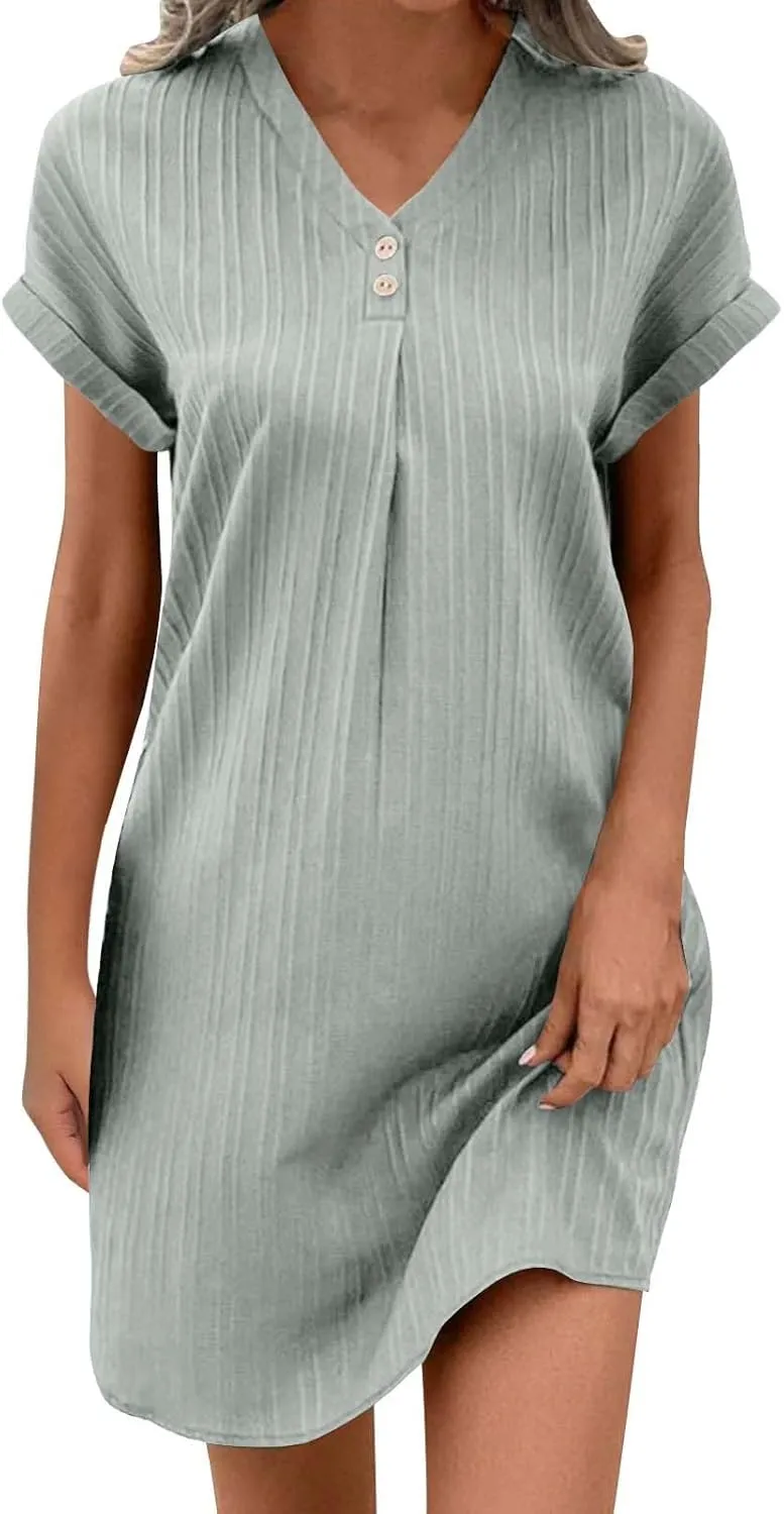 Womens Cotton Linen Dresses Button up V-Neck Short Sleeves T-Shirt Dresse Casual Fashion Plus Size Beach Sundress