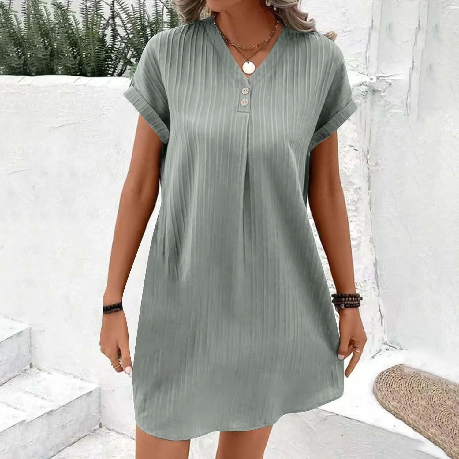 Womens Cotton Linen Dresses Button up V-Neck Short Sleeves T-Shirt Dresse Casual Fashion Plus Size Beach Sundress