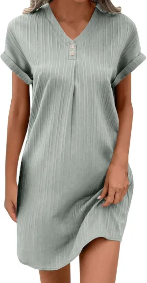 Womens Cotton Linen Dresses Button up V-Neck Short Sleeves T-Shirt Dresse Casual Fashion Plus Size Beach Sundress