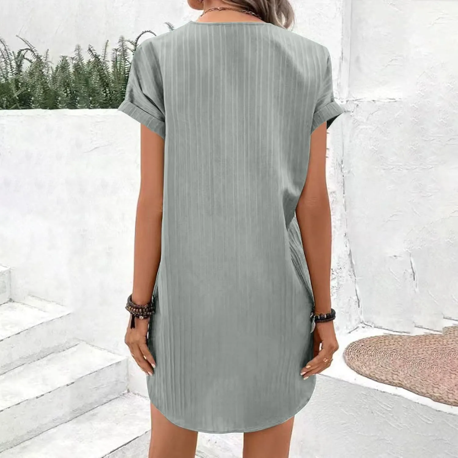 Womens Cotton Linen Dresses Button up V-Neck Short Sleeves T-Shirt Dresse Casual Fashion Plus Size Beach Sundress