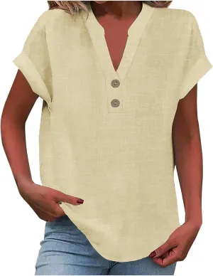 Womens Cotton Linen Shirts Summer Casual Loose Fit Comfy Business Blouses V Neck Button Down Short Sleeve Tops