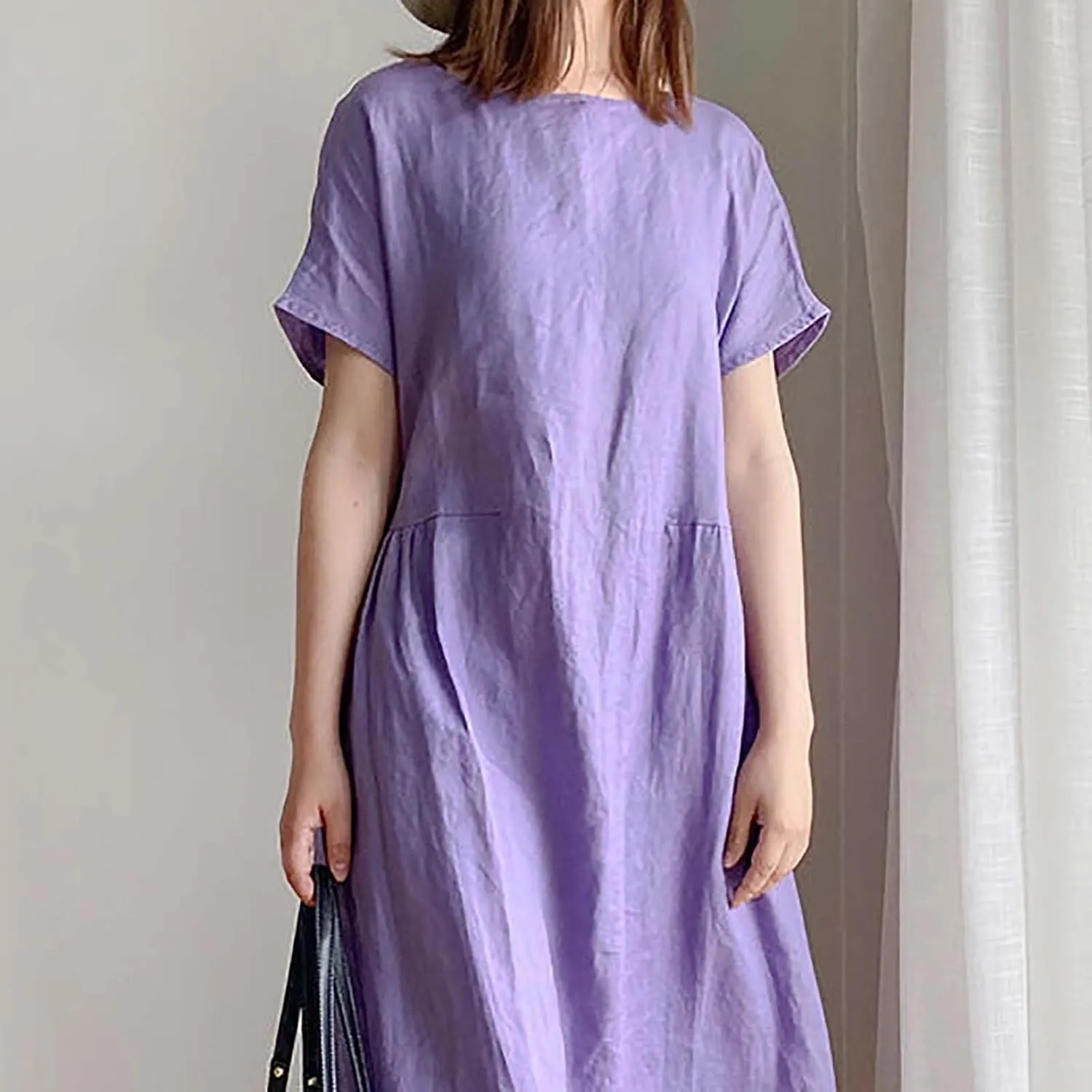 Women's Cotton Midi Dress Plus Size Short Sleeve Sundress Baggy Summer Daily Maxi Vacation Dresses with Pockets