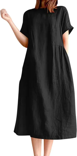 Women's Cotton Midi Dress Plus Size Short Sleeve Sundress Baggy Summer Daily Maxi Vacation Dresses with Pockets
