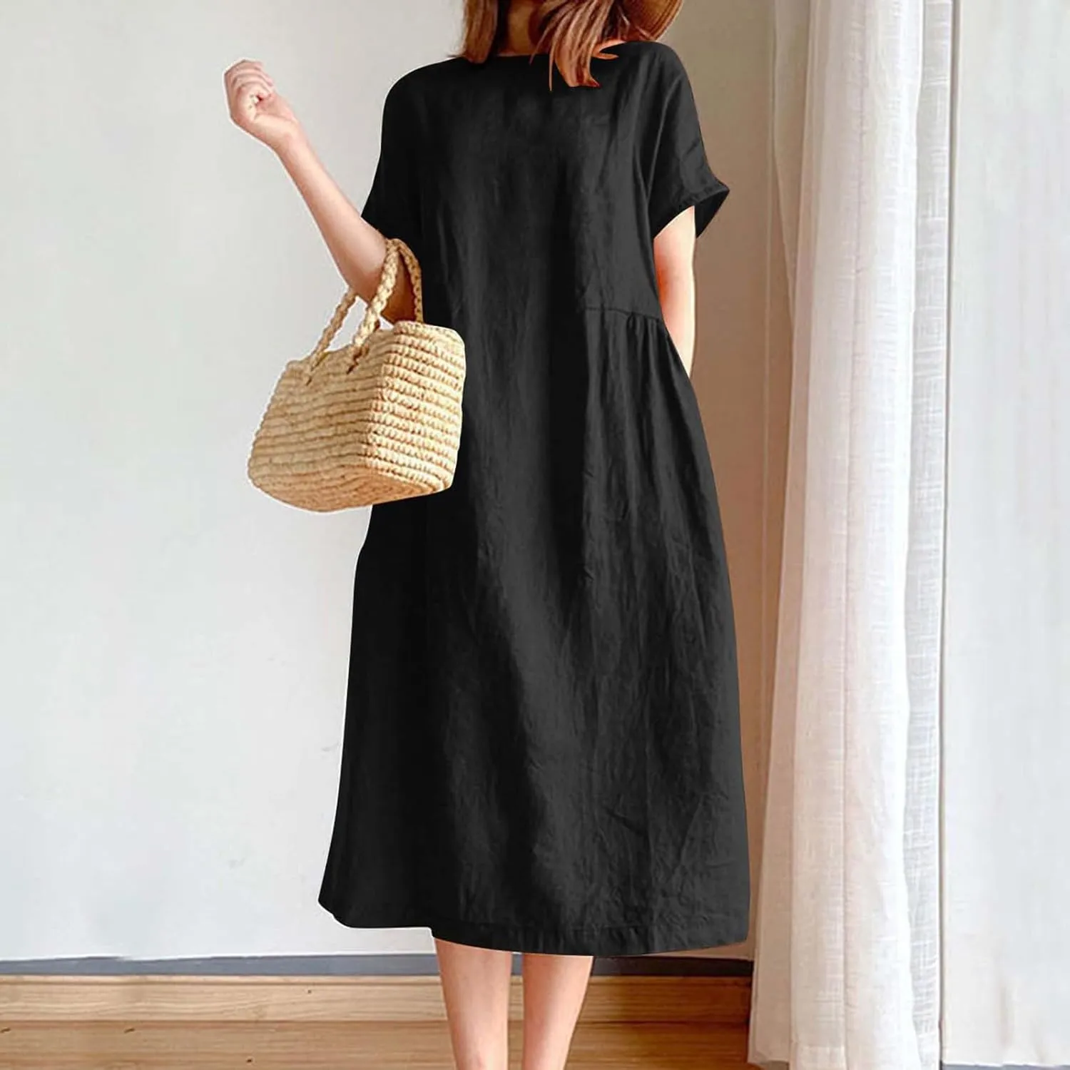Women's Cotton Midi Dress Plus Size Short Sleeve Sundress Baggy Summer Daily Maxi Vacation Dresses with Pockets