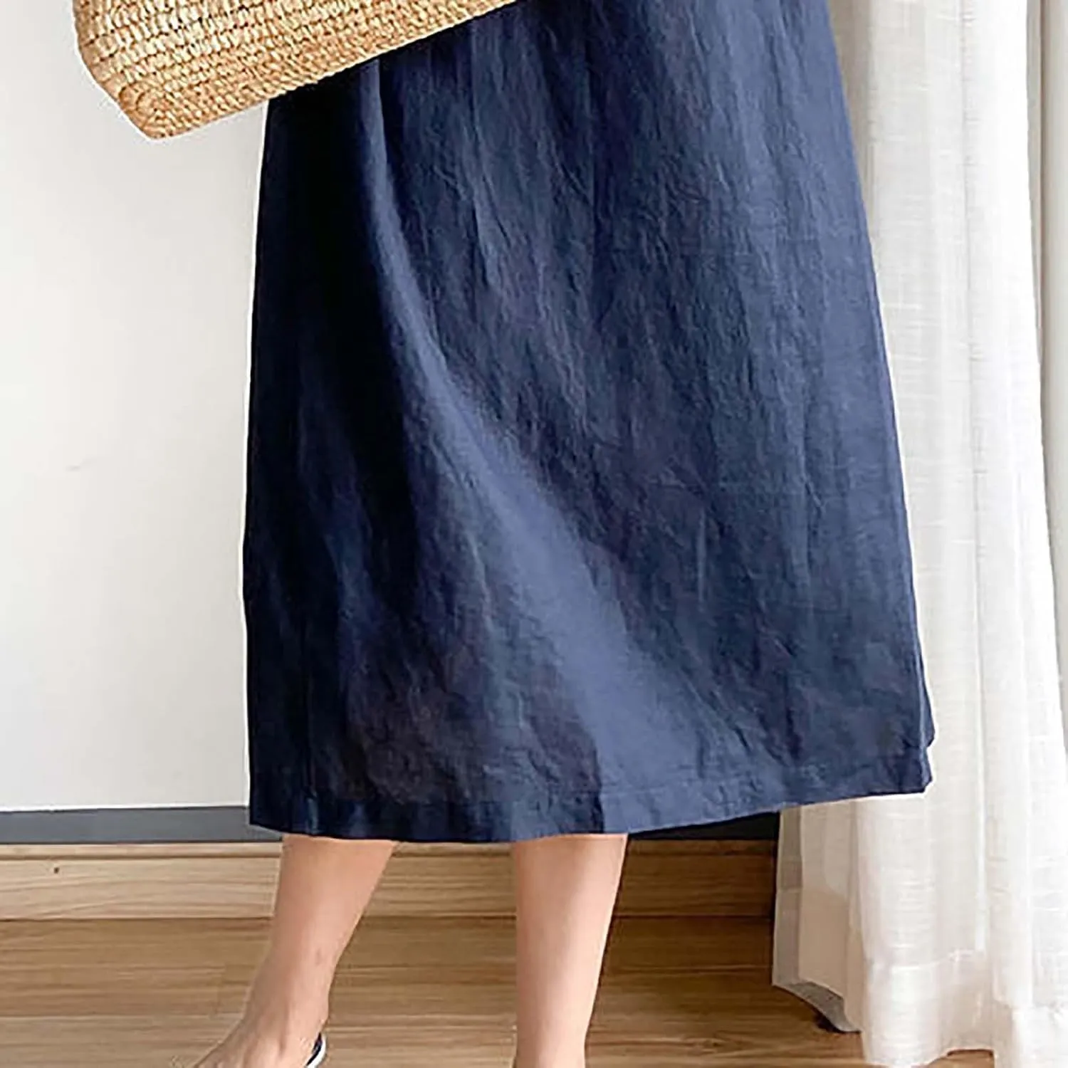 Women's Cotton Midi Dress Plus Size Short Sleeve Sundress Baggy Summer Daily Maxi Vacation Dresses with Pockets