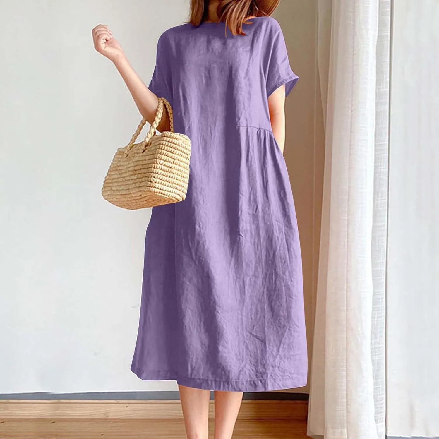 Women's Cotton Midi Dress Plus Size Short Sleeve Sundress Baggy Summer Daily Maxi Vacation Dresses with Pockets