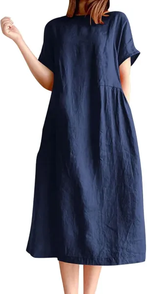 Women's Cotton Midi Dress Plus Size Short Sleeve Sundress Baggy Summer Daily Maxi Vacation Dresses with Pockets