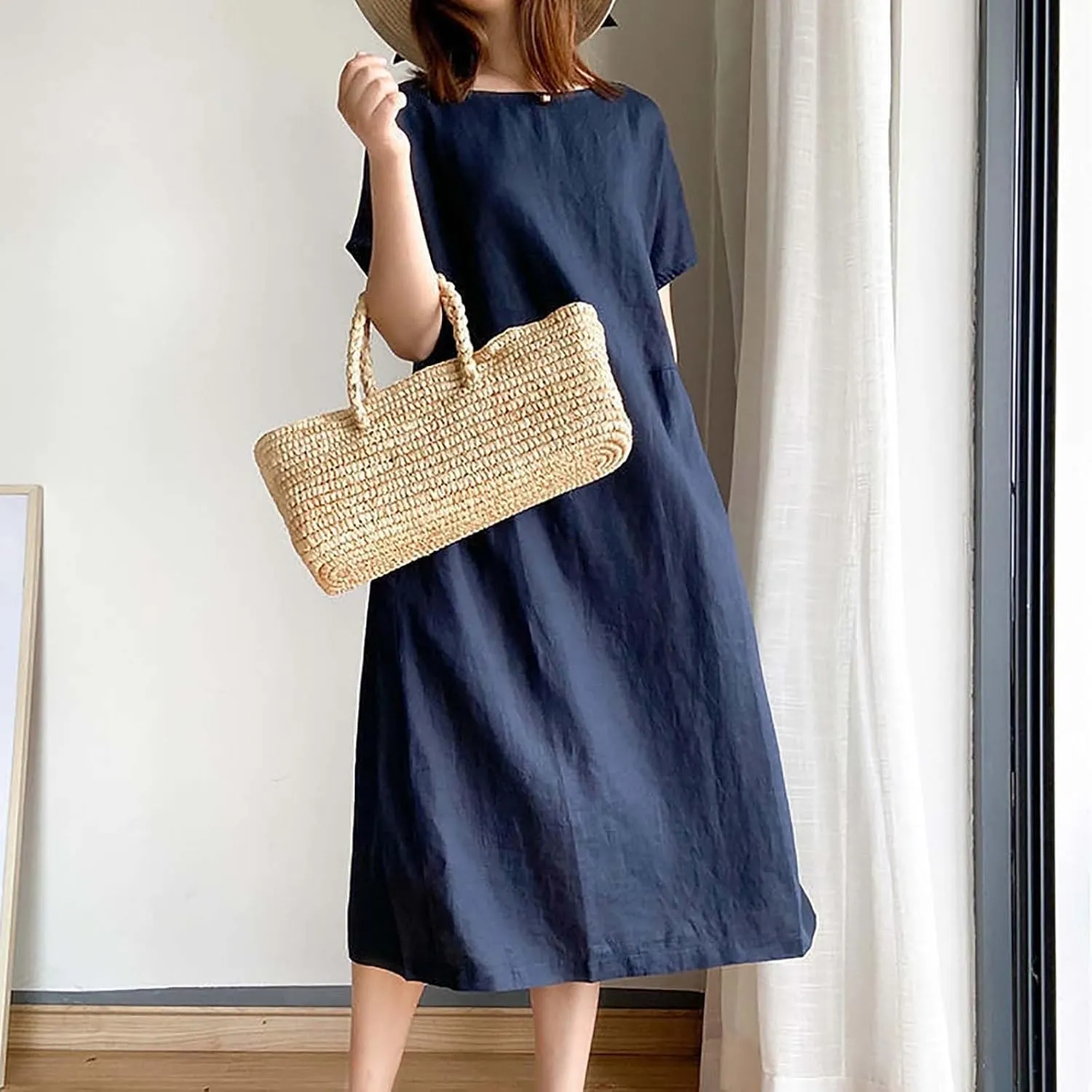 Women's Cotton Midi Dress Plus Size Short Sleeve Sundress Baggy Summer Daily Maxi Vacation Dresses with Pockets