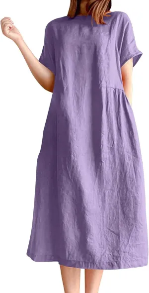Women's Cotton Midi Dress Plus Size Short Sleeve Sundress Baggy Summer Daily Maxi Vacation Dresses with Pockets
