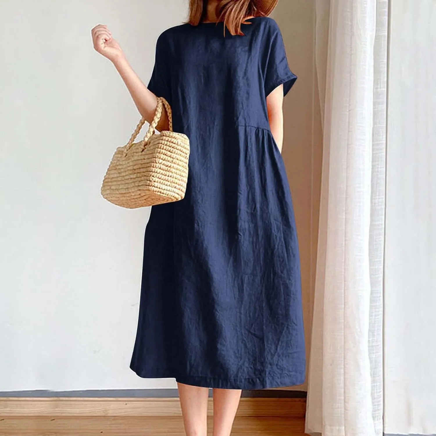 Women's Cotton Midi Dress Plus Size Short Sleeve Sundress Baggy Summer Daily Maxi Vacation Dresses with Pockets