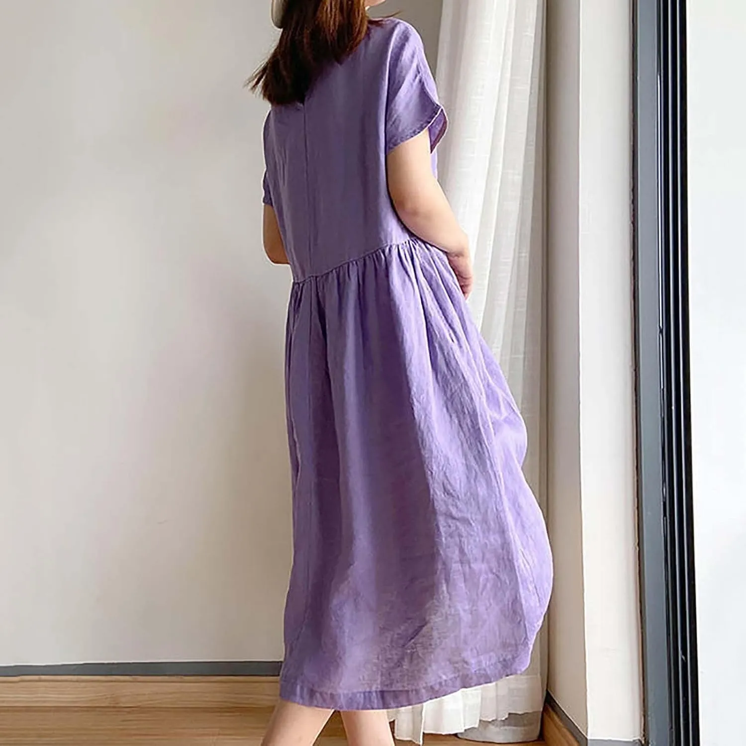 Women's Cotton Midi Dress Plus Size Short Sleeve Sundress Baggy Summer Daily Maxi Vacation Dresses with Pockets