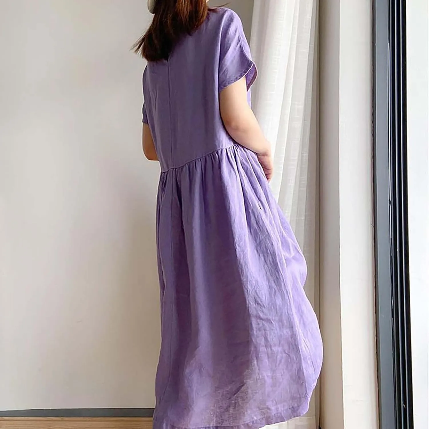 Women's Cotton Midi Dress Plus Size Short Sleeve Sundress Baggy Summer Daily Maxi Vacation Dresses with Pockets