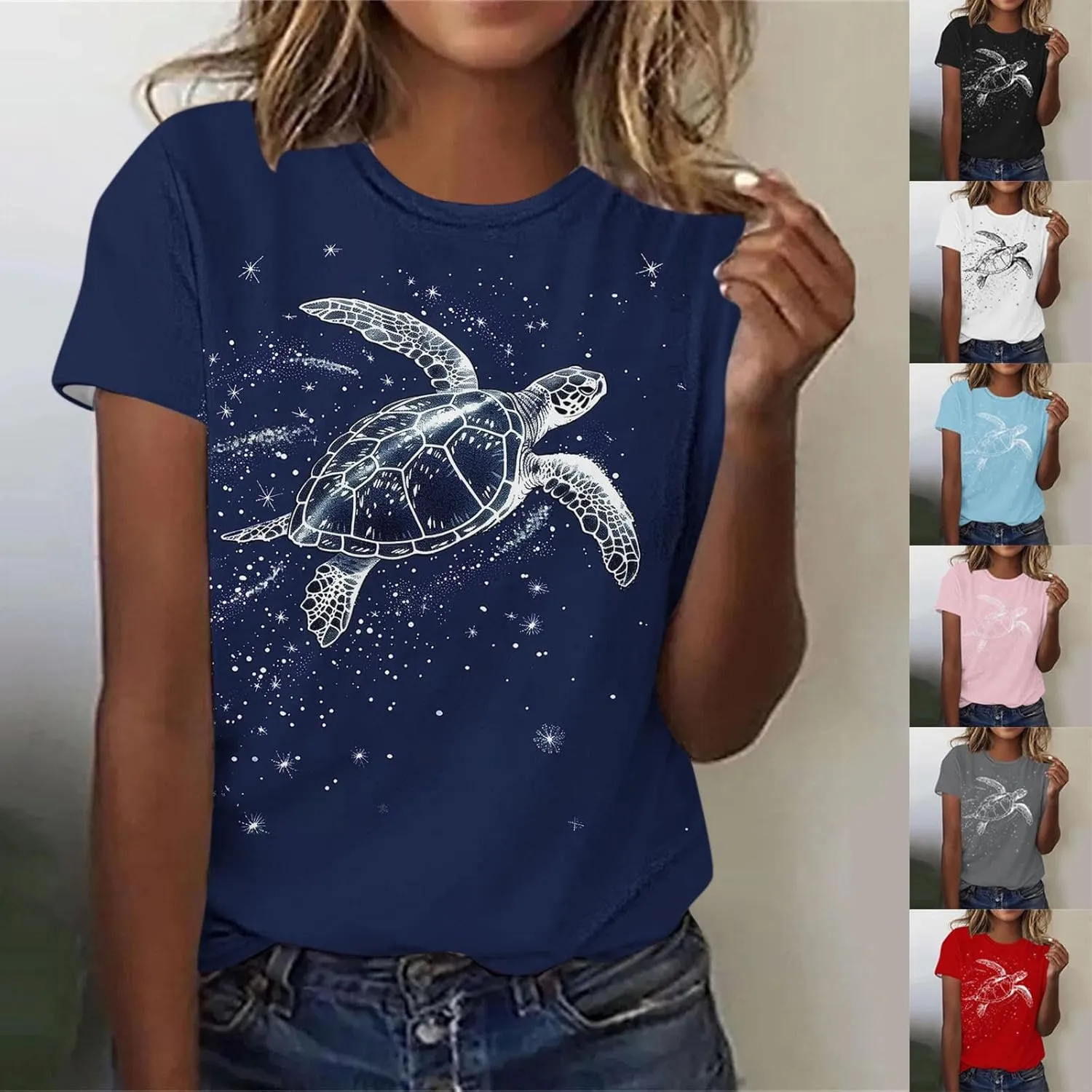 Women's Cute Turtle Print Summer T Shirts Short Sleeve Basic Casual Crewneck Tops Loose Fit Blouse Workout Clothes
