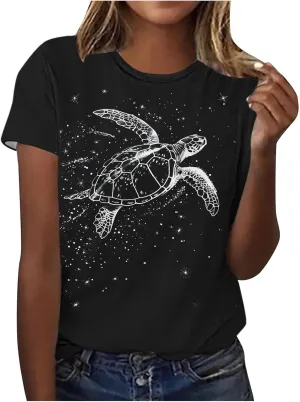 Women's Cute Turtle Print Summer T Shirts Short Sleeve Basic Casual Crewneck Tops Loose Fit Blouse Workout Clothes