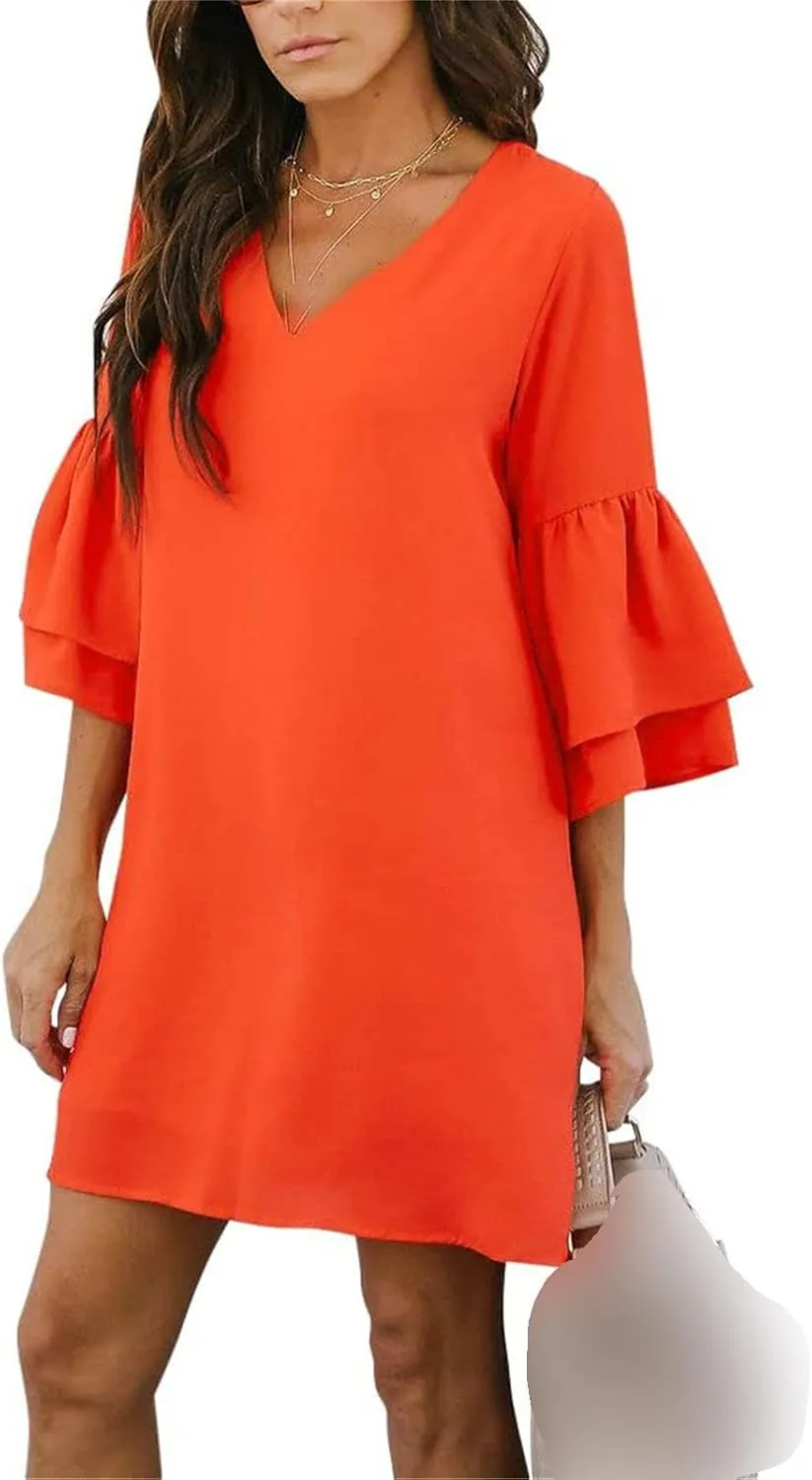 Women's Dress Sweet Cute V-Neck Half Length Bell Sleeve Shift Mini Dress Causal Loose Elegant Flowy Swing Dresses