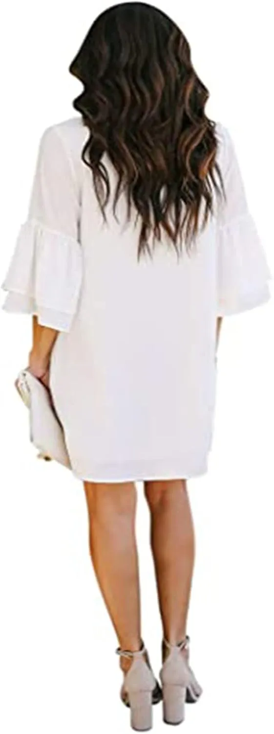 Women's Dress Sweet Cute V-Neck Half Length Bell Sleeve Shift Mini Dress Causal Loose Elegant Flowy Swing Dresses