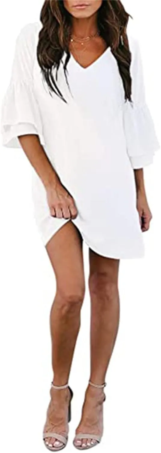 Women's Dress Sweet Cute V-Neck Half Length Bell Sleeve Shift Mini Dress Causal Loose Elegant Flowy Swing Dresses