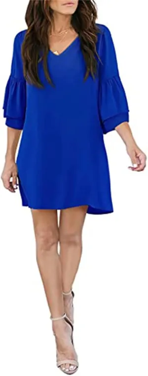 Women's Dress Sweet Cute V-Neck Half Length Bell Sleeve Shift Mini Dress Causal Loose Elegant Flowy Swing Dresses