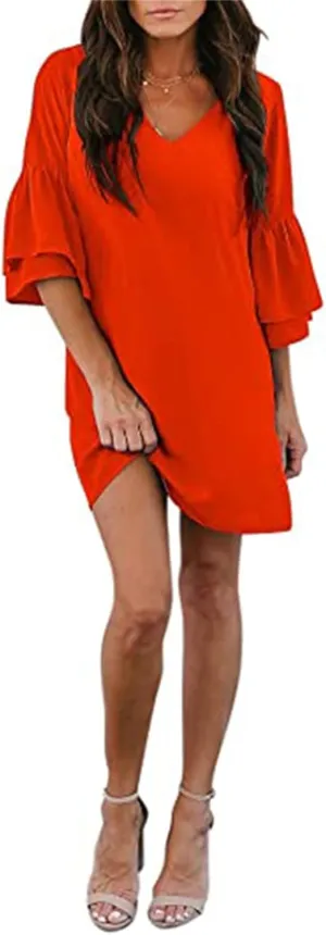 Women's Dress Sweet Cute V-Neck Half Length Bell Sleeve Shift Mini Dress Causal Loose Elegant Flowy Swing Dresses
