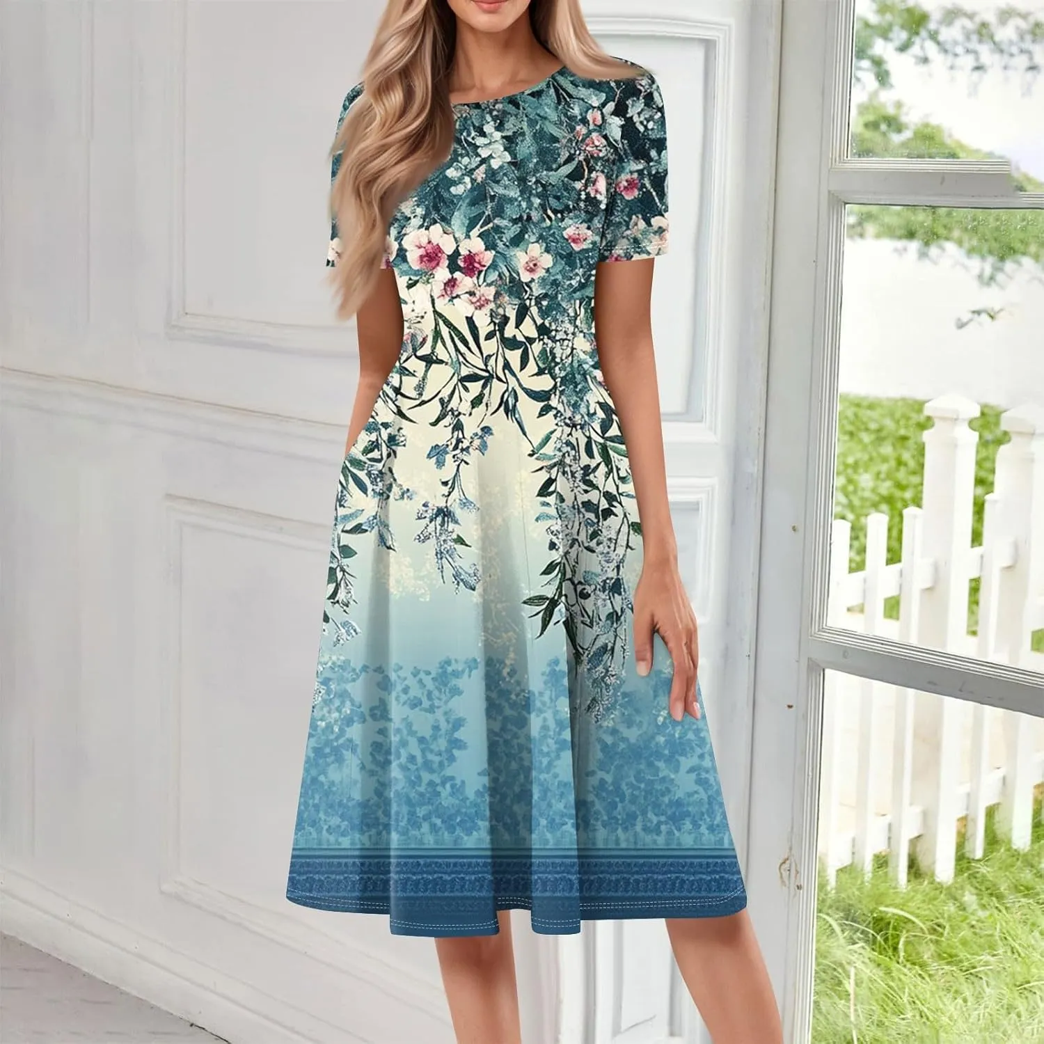 Womens Dresses 2025 Summer Crewneck Short Sleeve Midi Sun Dress Vacation Empire Waist A Line Dress Side Pockets