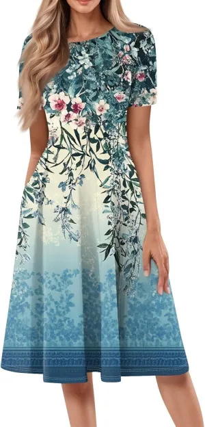 Womens Dresses 2025 Summer Crewneck Short Sleeve Midi Sun Dress Vacation Empire Waist A Line Dress Side Pockets