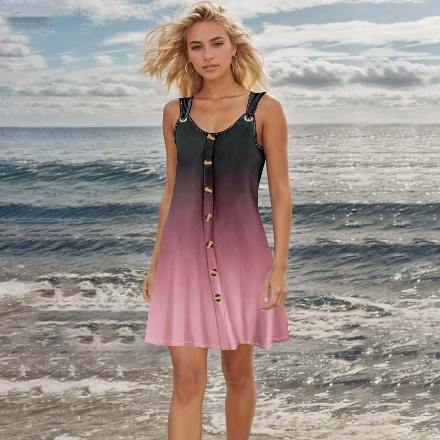 Womens Dresses Casual Plus Size Tank Dress V Neck Sleeveless Sundress Mini Dress Button Down Summer Clothes