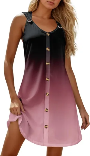 Womens Dresses Casual Plus Size Tank Dress V Neck Sleeveless Sundress Mini Dress Button Down Summer Clothes
