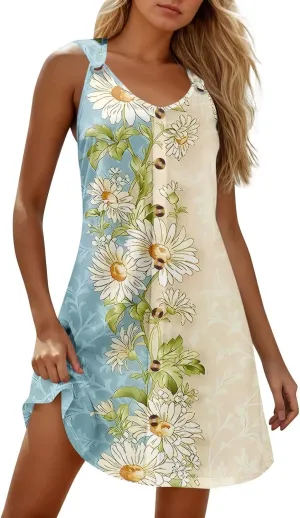 Womens Dresses Casual Plus Size V Neck Sleeveless Sundress Summer Clothes Mini Dress Button Down Tank Dress