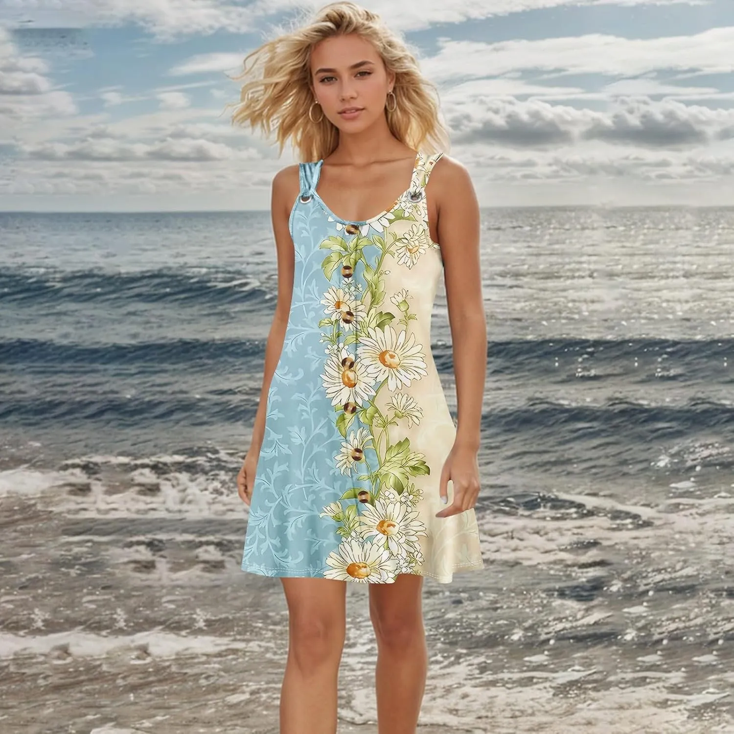 Womens Dresses Casual Plus Size V Neck Sleeveless Sundress Summer Clothes Mini Dress Button Down Tank Dress