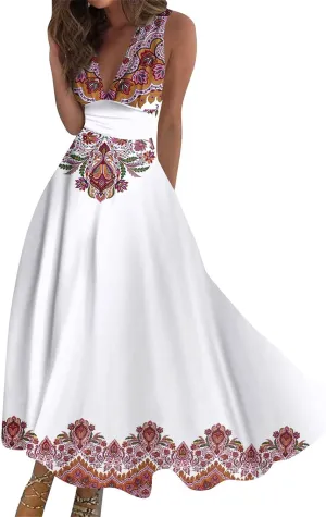 Womens Dresses Deep V Neck Sleeveless Sundresses for Women 2024 Casual Dresses for Women Tea Party Dresses for Woman