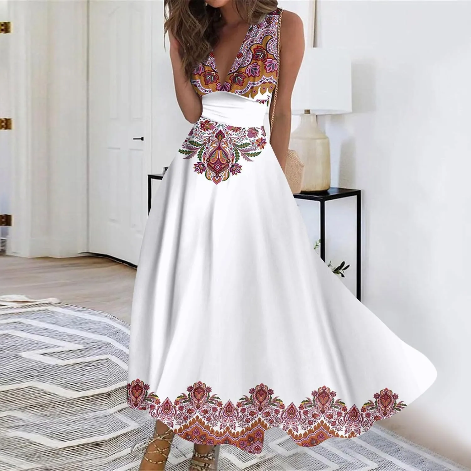 Womens Dresses Deep V Neck Sleeveless Sundresses for Women 2024 Casual Dresses for Women Tea Party Dresses for Woman