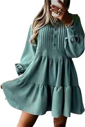 Women's Elegant Lantern Sleeve Button Dress Fashion Ruffle Hem Wrap A Line Dress Summer Solid Color Swing Mini Dress