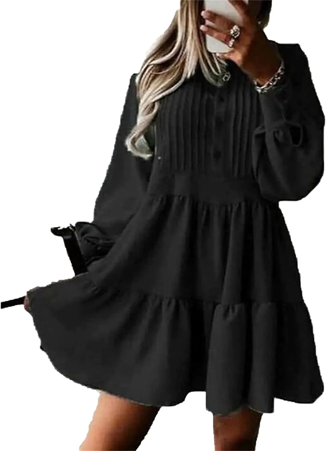 Women's Elegant Lantern Sleeve Button Dress Fashion Ruffle Hem Wrap A Line Dress Summer Solid Color Swing Mini Dress