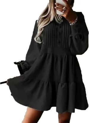 Women's Elegant Lantern Sleeve Button Dress Fashion Ruffle Hem Wrap A Line Dress Summer Solid Color Swing Mini Dress