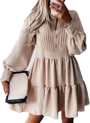 Women's Elegant Lantern Sleeve Button Dress Fashion Ruffle Hem Wrap A Line Dress Summer Solid Color Swing Mini Dress