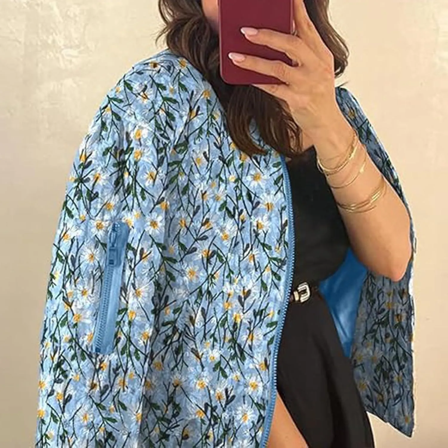 Women's Embroidered Daisy Cropped Bomber Jacket Zip Up Crop Floral Print Padded Coat Winter Warm Puffer Jacket