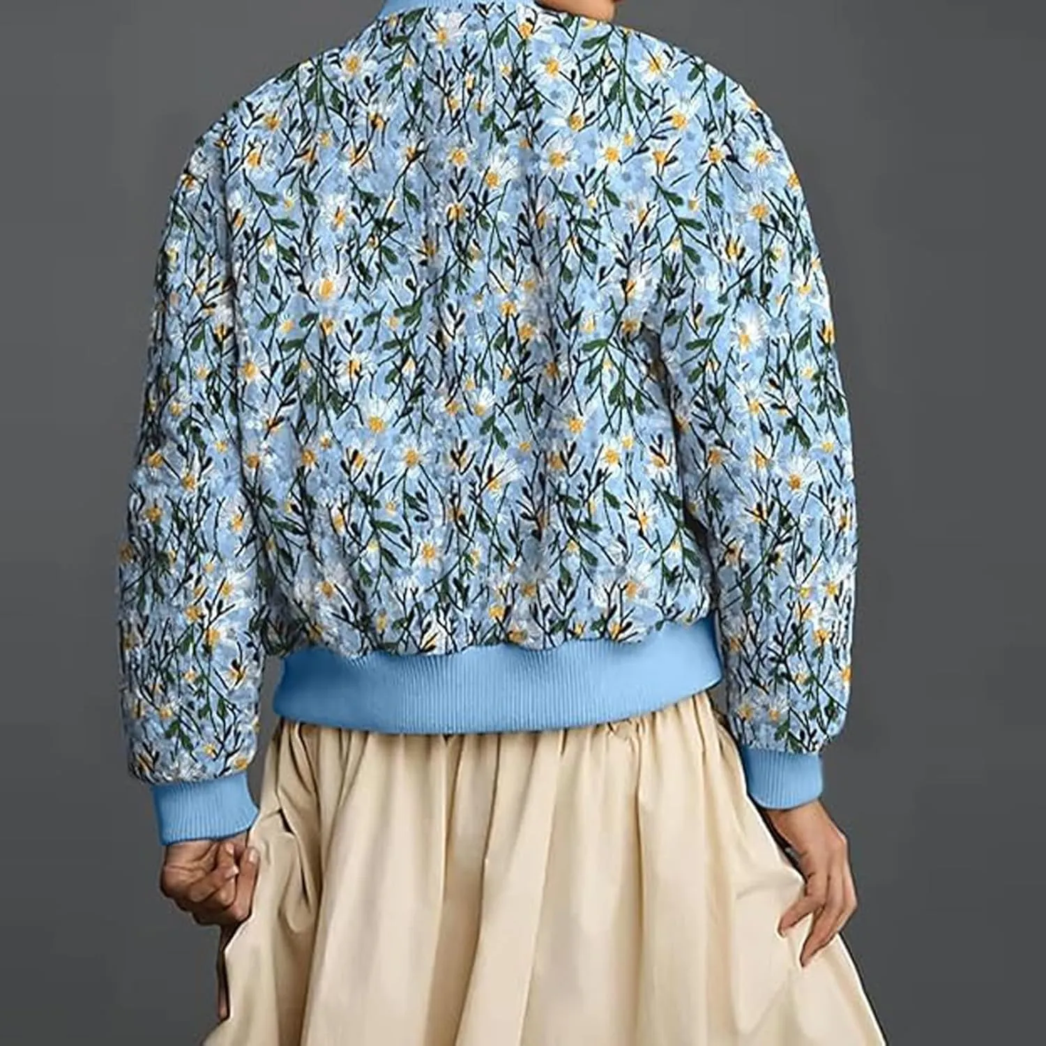 Women's Embroidered Daisy Cropped Bomber Jacket Zip Up Crop Floral Print Padded Coat Winter Warm Puffer Jacket