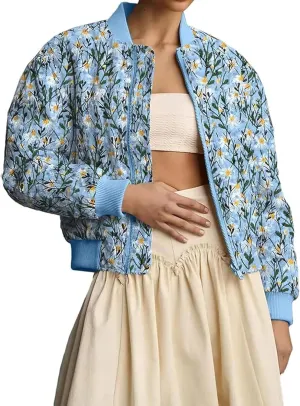 Women's Embroidered Daisy Cropped Bomber Jacket Zip Up Crop Floral Print Padded Coat Winter Warm Puffer Jacket